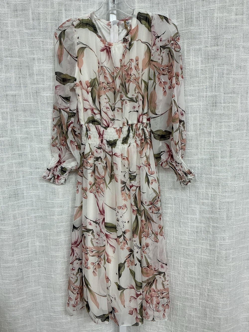 Girls' Peyton Bre Cream Floral Long Sleeve Midi Dress with Pink & Green Print